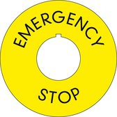 Noodstop / Emergency stop kunststof, geel, met gat, 7 talen Ø 75 mm Kunststof Engels
