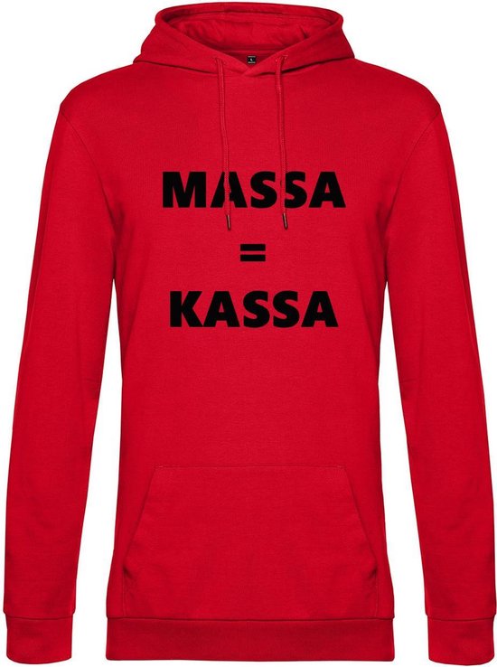 Hoodie met opdruk “Massa is kassa” Rode hoodie met zwarte opdruk – Goede pasvorm, fijn draag comfort