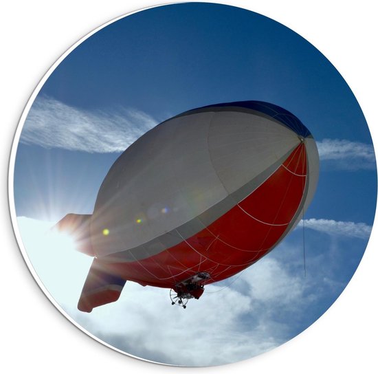 Forex Wandcirkel - Rood met Wit en Blauwe Zeppelin - 20x20cm Foto op Wandcirkel (met ophangsysteem)