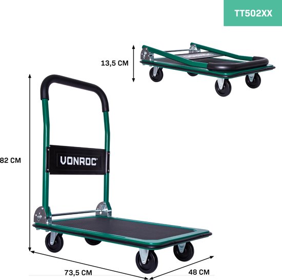 VONROC Plateauwagen/transportwagen – Opvouwbaar – Draagvermogen max. 150kg - VONROC
