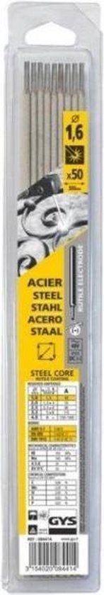 Verpakking met 50 rutiel-stalen laselektroden, 1,6 mm x 300 mm, met "ACIER STEEL STAHL STAAL" op de verpakking.