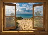 Tuinposter - 130x95 cm - bruin openslaand venster duinen overgang - tuindecoratie - tuindoek - tuin decoratie - tuinposters buiten - tuinschilderij