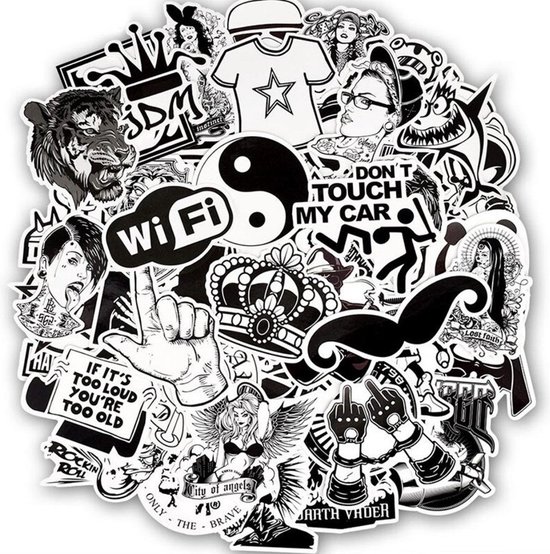 Suitup zwart & wit rock sticker set - 50 stuks weerbestendige stickers voor op laptop, fiets, koffer of gitaar. - Suitup