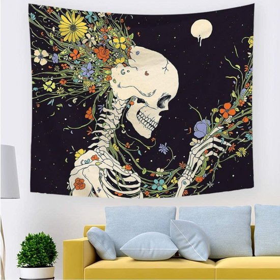 Wandkleed binnen - Wandtapijt - Schedel - Bloemen - Muurkleed - Wanddoek Stof - 200 x 150 cm - Wanddecoratie - Wandhanger - Muurhanger - Fotobehang - Poster - Ulticool - Decoratie - Woonkamer - Slaapkamer