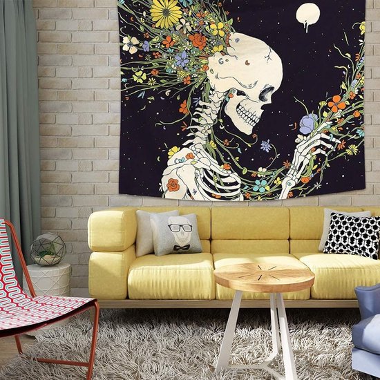 Wandkleed binnen - Wandtapijt - Schedel - Bloemen - Muurkleed - Wanddoek Stof - 200 x 150 cm - Wanddecoratie - Wandhanger - Muurhanger - Fotobehang - Poster - Ulticool - Decoratie - Woonkamer - Slaapkamer