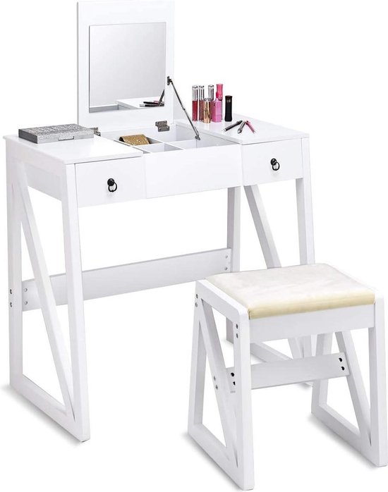 LEMROE Hollywood make-uptafel met led-spiegel en kruk, make-uptafel met 7 planken en 1 grote lade voor het organiseren van de slaapkamer