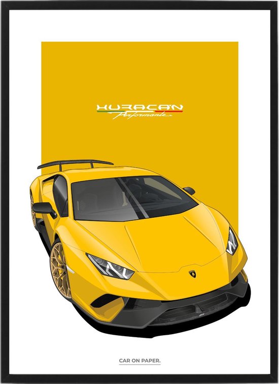 Lamborghini Huracan Geel op Poster - 50 x 70cm - Auto Poster Kinderkamer / Slaapkamer / Kantoor