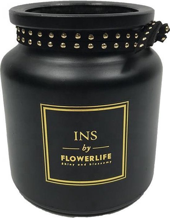 IRSA Zwarte Scandinavische Vaas met gouden motieven - bloemenvaas - vaas zwart - vaas goud - vaas glas - 11.5 x 8.5 cm