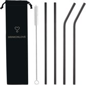 DRINKONLOVE - COMFY BLACK - Rietjes RVS - zwart - 21.5 cm - Set van 2 gebogen en 2 rechte rietjes met 4 siliconen mondstukjes en borsteltje