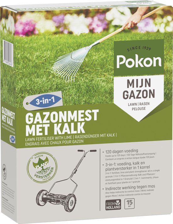 Verpakking van Pokon 'Mijn Gazon' gazonmest met kalk, met afbeelding van hark en grasmaaier, en de tekst '120 dagen voeding'.