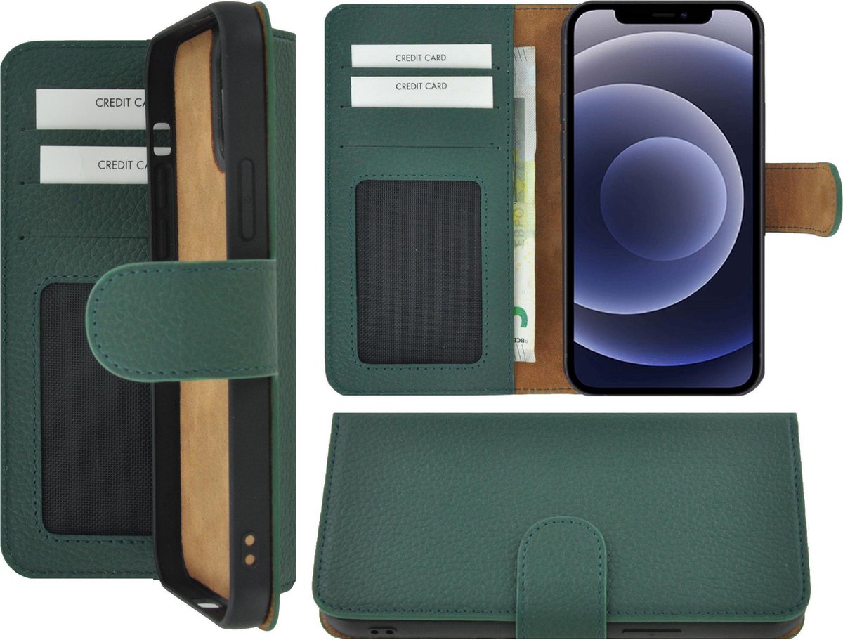 Geschikt voor Iphone 12 Hoesje - Bookcase - Iphone 12 Hoesje Portemonnee wallet Echt Leer Dennen Groen Cover