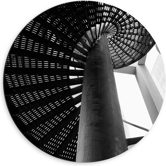 Dibond Wandcirkel - Zwarte Spiraal Trap - 60x60cm Foto op Aluminium Wandcirkel (met ophangsysteem)