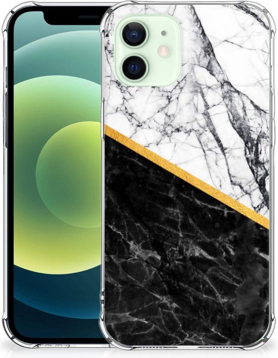 iPhone 12 Mini Anti-Shock Hoesje Marmer Wit Zwart - Origineel Cadeau Man