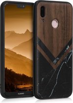Étui pour téléphone kwmobile compatible avec Huawei P20 Lite - Étui avec pare-chocs en noir / blanc / marron foncé - Bois de noyer - Design Wood Glory Marble