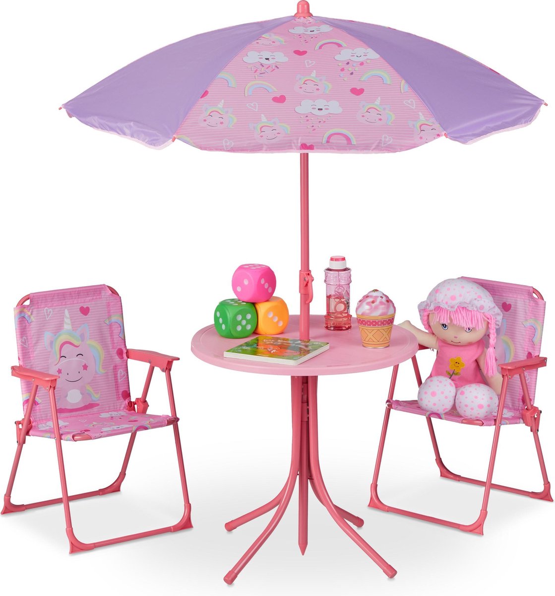 Relaxdays tuinset kinderen kindertuinstoel kindertafel parasol campingstoel kind Unicorn