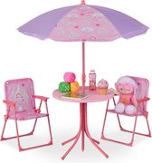 Relaxdays tuinset kinderen - kindertuinstoel - kindertafel - parasol - campingstoel kind - Unicorn
