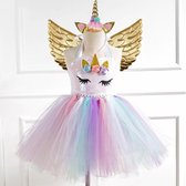 Eenhoorn Jurk Set - Maat 104 / 110 - Unicorn - Gouden Vleugels - Verkleedjurk - Prinsessenjurk - Tutu Jurk - Met Diadeem - Vleugels - Rugzak -