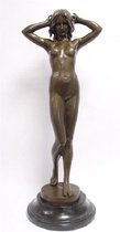 Beeld Vrouw op Voetstuk -  Brons - decoratief Sculptuur - Naakte Vrouw - 77,5 cm hoog