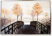 Olieverfschilderij canvas met zilverkleurige lijst - brug naar het bos - 120 x 80 cm