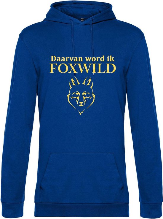 Hoodie met opdruk “Daarvan word ik Foxwild” - Blauwe hoodie met gele opdruk – Goede pasvorm, fijn draag comfort