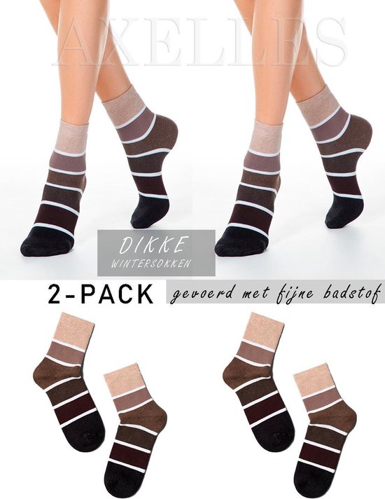 Dikke sokken gevoerd, oplopend gestreept, 2-paar, bruin, maat 36/37 (23).