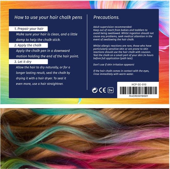 Schmink Haarkrijt - 12 stuks tijdelijke Haarkleuring - Hairchalk voor kids - als Schmink te gebruiken - QBIX