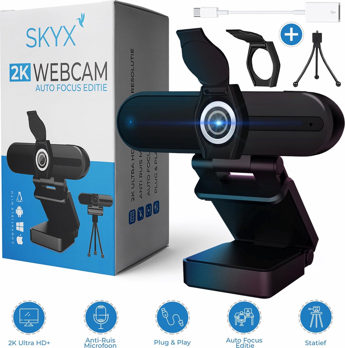 SKYX webcam - 2160p 2K - 8 megapixels - Met microfoon en cameracover - Mac en Windows