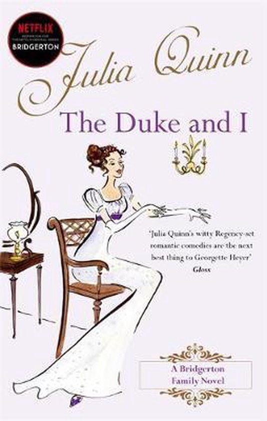Livre 'The Duke and I' de Julia Quinn, avec une illustration d'une femme en robe blanche sur une chaise.