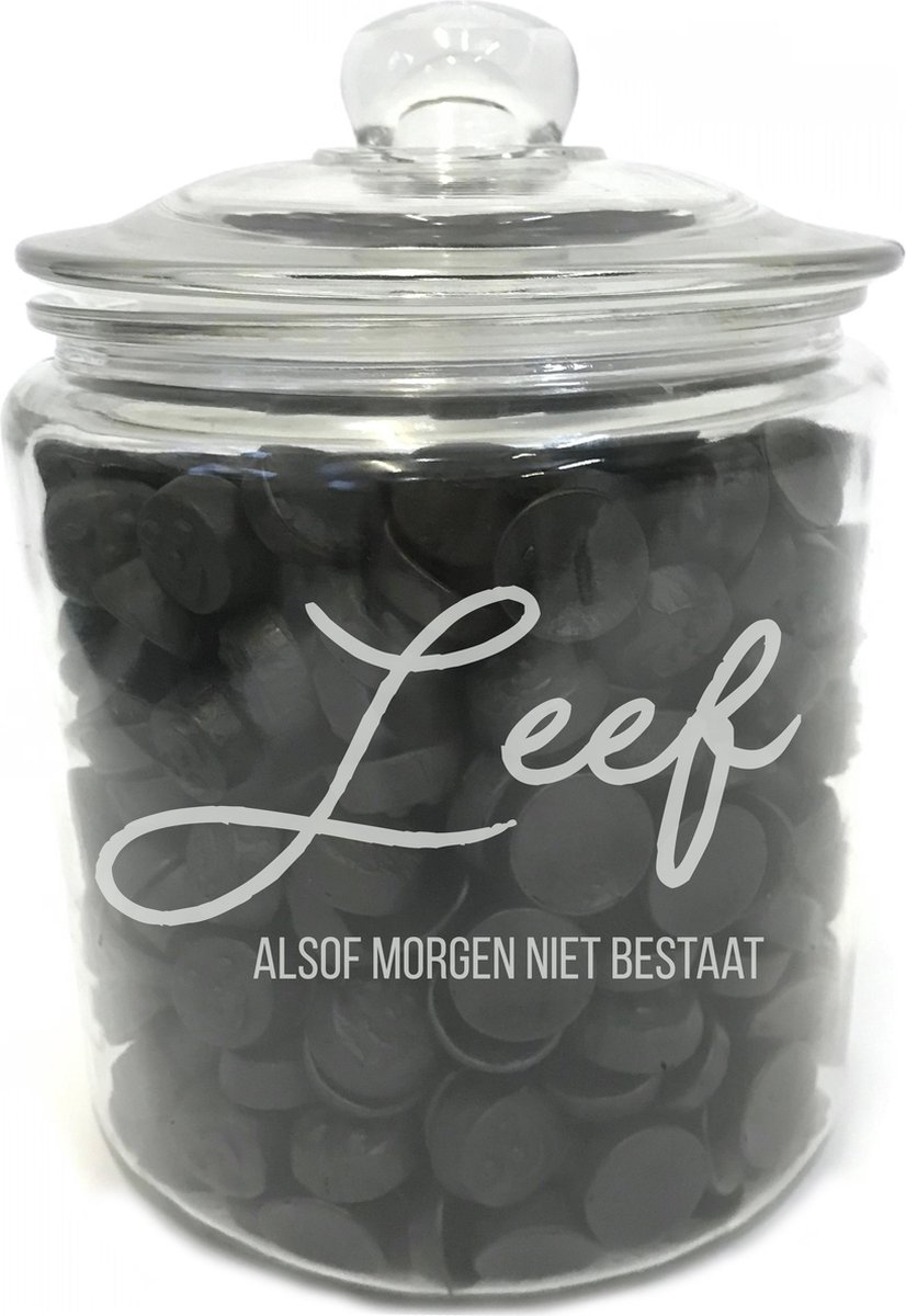 Grote snoeppot /koekpot (zonder drop) met tekst gravure QUOTE: LEEF ALSOF MORGEN NIET BESTAAT. Cadeau-verjaardag-bedankje. Dik sterk glas. Het formaat is 25cm incl. deksel, 19cm doorsnede, inhoud 3,8 liter.