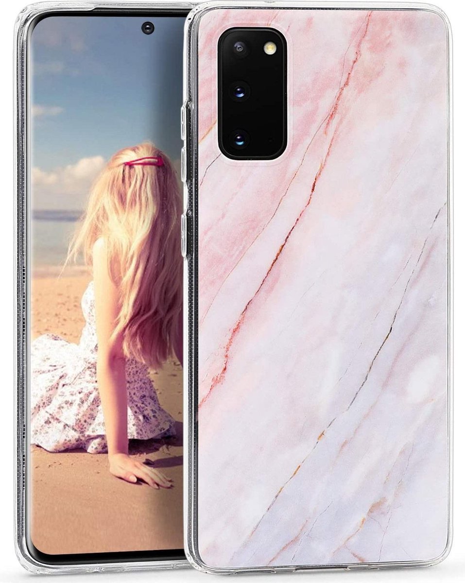 Geschikt voor Samsung Galaxy S20 Plus hoesje - Roze / Blauw - Marmer - Soft TPU