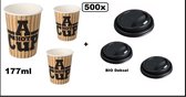 500x Koffiebeker karton A Hot Cup 177ml met BIO deksel zwart 73mm- biologisch afbreekbare deksel - Koffie thee chocomel soep drank water beker karton