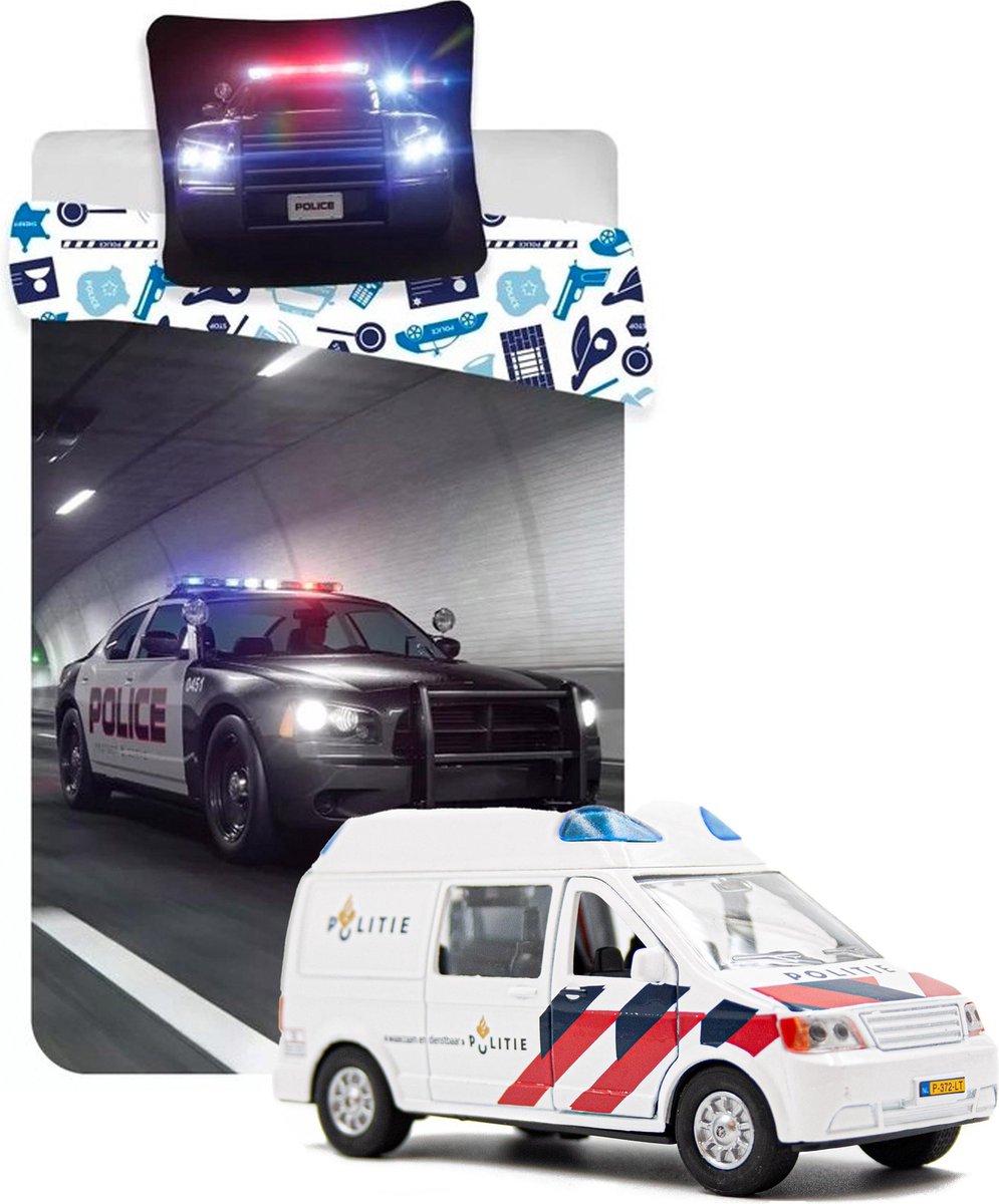Dekbedovertrek Politiewagen 140 x 200 cm-1persoons-100% katoen-Jongens dekbed , incl. speelgoed Politieauto -licht en geluid
