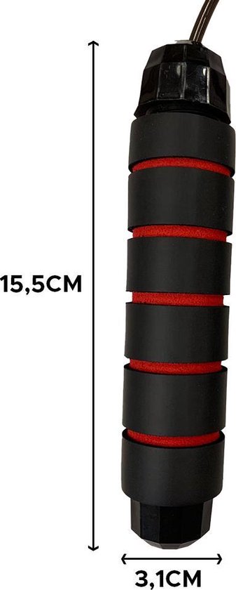 Detailopname van een zwart springtouw handvat met rode ringen. Afmetingen 15,5cm en 3,1cm.