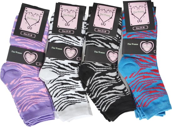Dames sokken Fine women 12 pack tijgerprint 4 kleuren 35/38 | bol.com