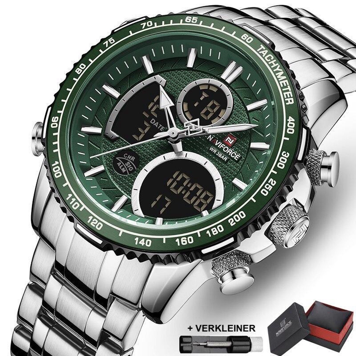 Naviforce® Horloges voor Mannen Digitale Herenhorloge Jongens Heren – Valentijn Cadeautje voor Hem – Digitaal & Analoog Horloge Watch – Horlogebox Geschenkdoos – Zilver Groen