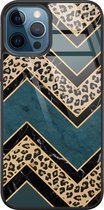 iPhone 12 hoesje glas - Luipaard zigzag - Hard Case - Zwart - Backcover - Print / Illustratie - Bruin