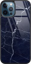 iPhone 12 hoesje glas - Marmer Navy - Hard Case - Zwart - Backcover - Marmer - Blauw