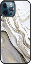 iPhone 12 hoesje glas - Marmer wit goud - Hard Case - Zwart - Backcover - Marmer - Grijs