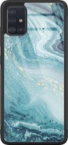 Samsung A51 hoesje glas - Marmer blauw - Hard Case - Zwart - Backcover - Marmer - Blauw
