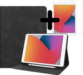 Luxe Lederen iPad 10.2 2020 Hoes Book Case Hoesje En Screenprotector - Met Uitsparing Voor Apple Pencil - Zwart
