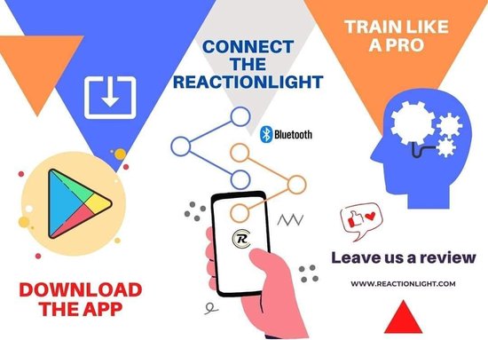 Grafische weergave: download de app, verbind de reaction lights via Bluetooth, train als een pro en laat een review achter.