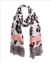 Dames sjaal met luipaard print zwart- wit - grijs met roze streep lengte 180 breedte 80