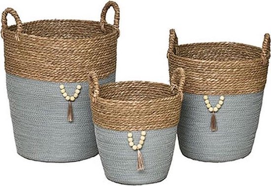 Set de 3 Paniers à linge ronds en jonc de mer et papier avec Deco - Naturel  / Kaki -... | bol.com
