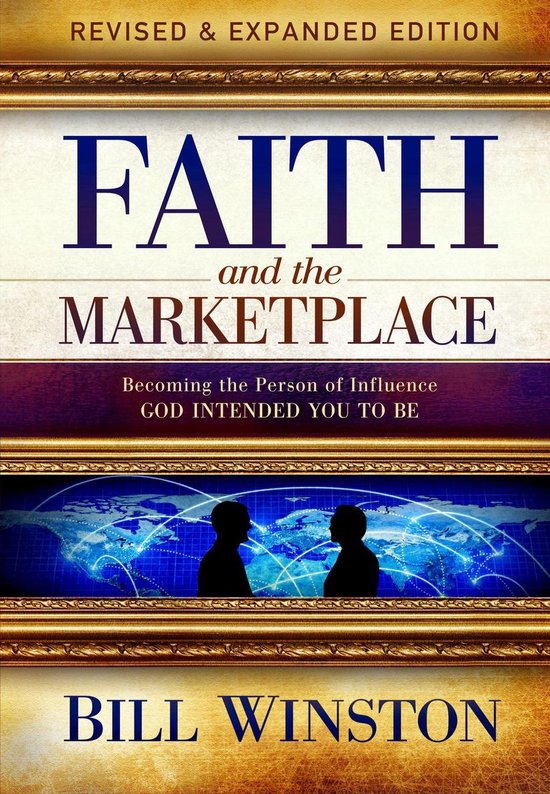 Livre "Faith and the Marketplace" de Bill Winston, avec cadre doré, deux silhouettes sur fond de carte du monde.