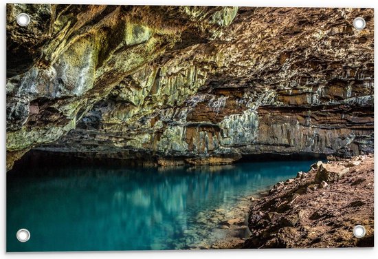 Tuinposter – Grot met Blauw Water - 60x40cm Foto op Tuinposter  (wanddecoratie voor buiten en binnen)