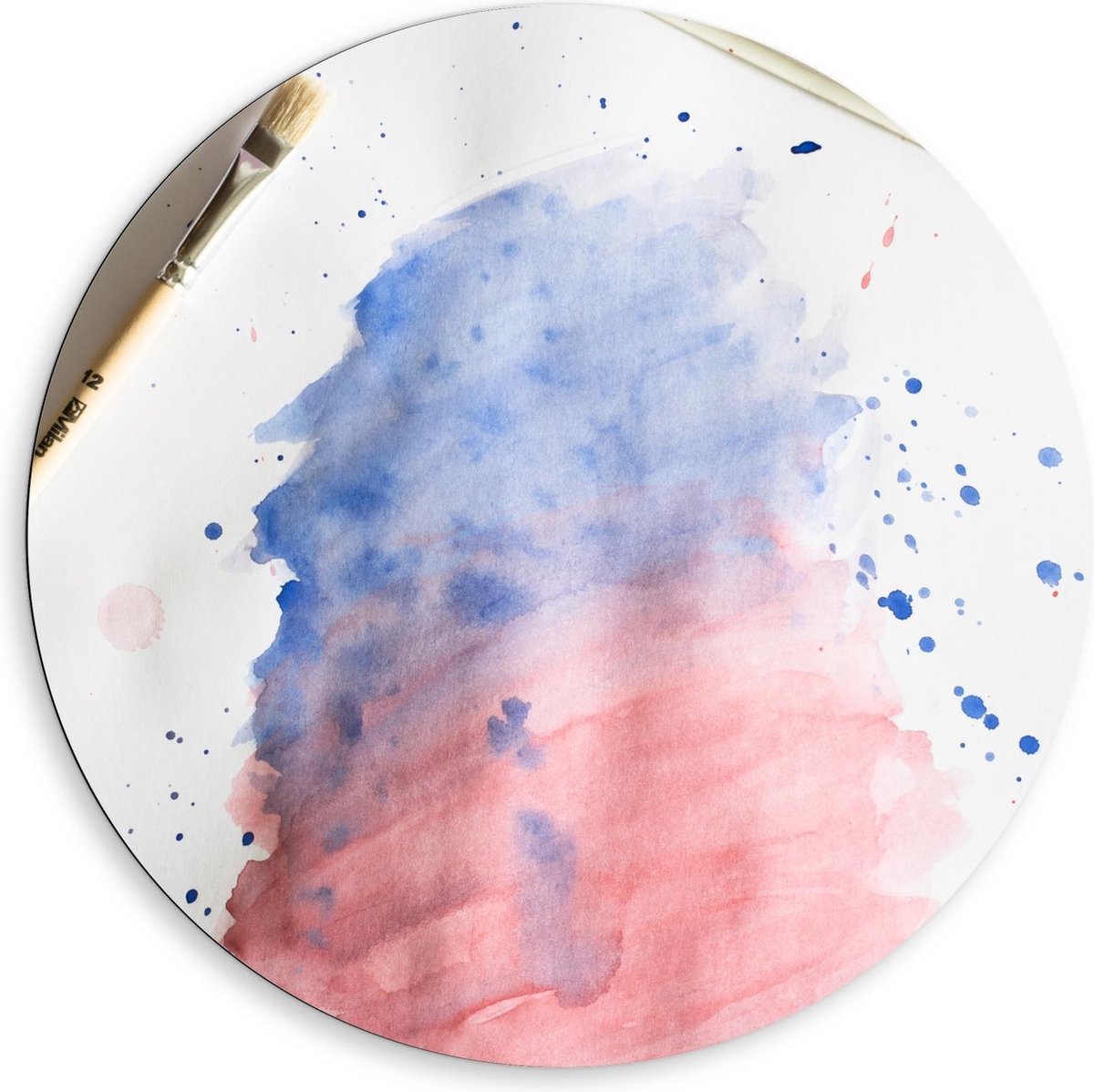 Dibond Wandcirkel - Blauwe en Roze Aquarel Verf - 80x80cm Foto op Aluminium Wandcirkel (met ophangsysteem)