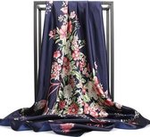 Stijlvolle Sjaal Donkerblauw met Bloemen Oud Poeder Rose en Groen - Hoofdband - Sjaaltje - Bandana - Haarband - Pashmina | Afmeting 90 x 90 cm | Flowers | Chique om nek of aan tas!