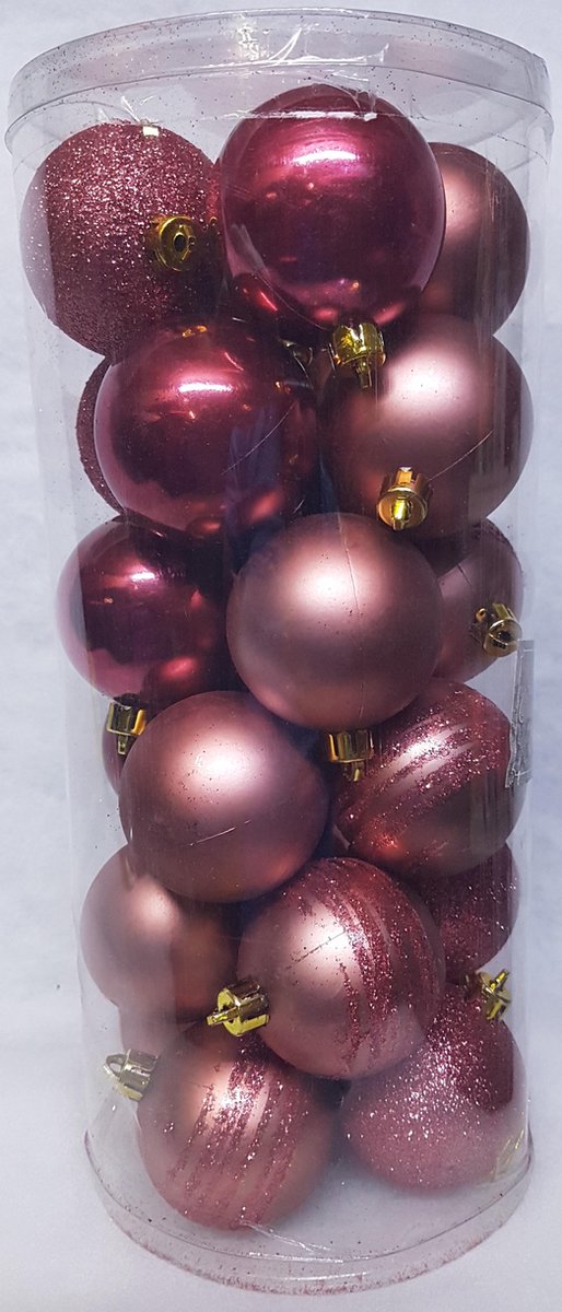 Totally Christmas | Kerstbal 6 cm | Kerstballen | Mix Koker | Mat - Glanzend - Glitter | 24 stuks | Hot Pink