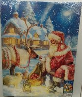 Kerst Canvas Schilderij met LED verlichting - Kerstman met Edelhert - 48x38 cm