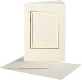 Passepartout kaarten , afmeting kaart 10,5x15 cm, afmeting envelop 11,5x16,5 cm, off-white, rechthoek met gouden rand, 10sets, gatgrootte 6,5x8,8 cm